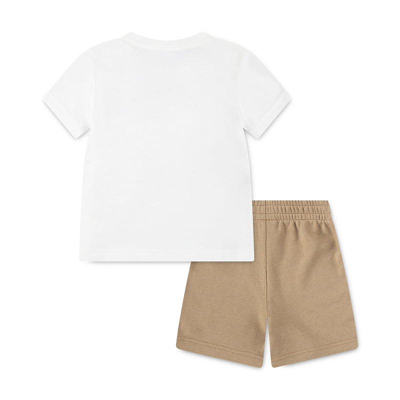 Toddler short set: plain white T-shirt with tan elastic waist shorts, no visible graphic