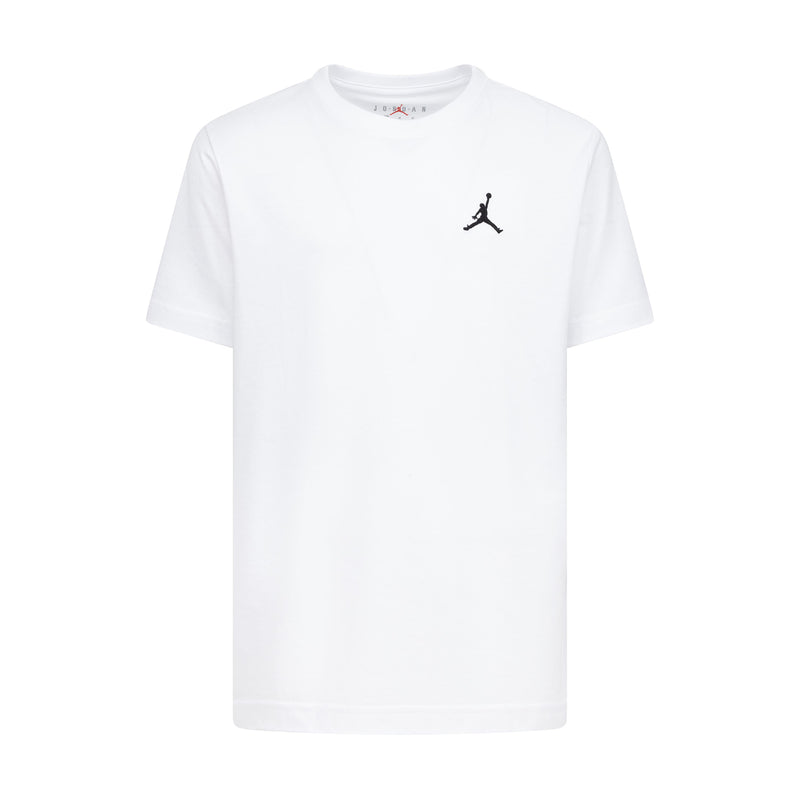 Youth white crewneck tee with small black Jumpman embroidery