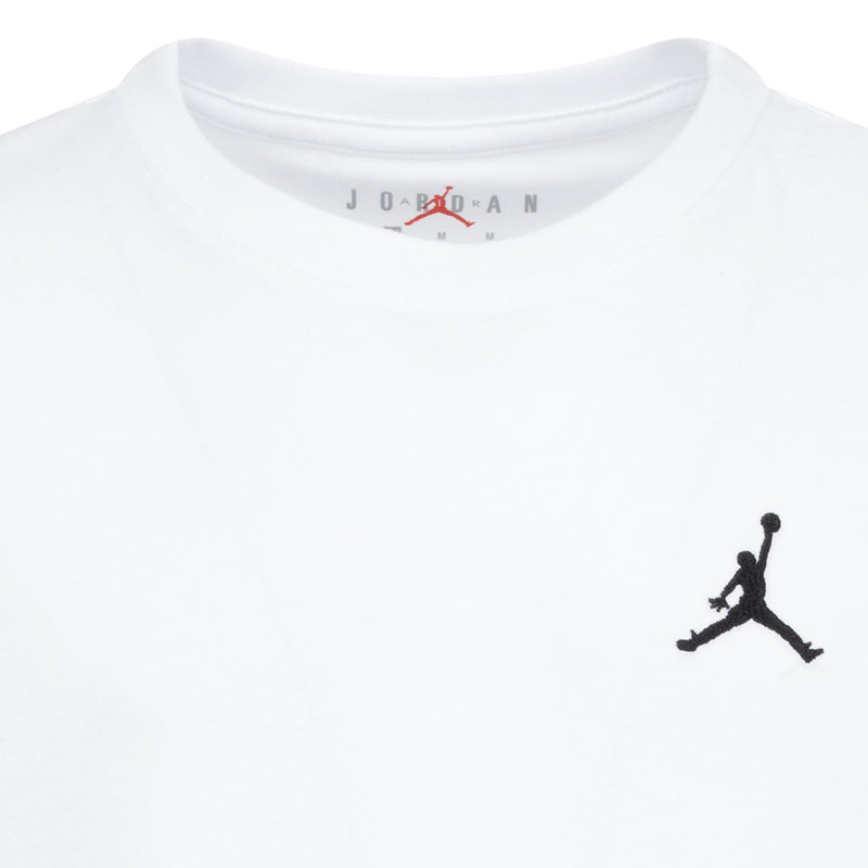 Youth white crewneck tee with JORDAN label at neckline and Jumpman logo