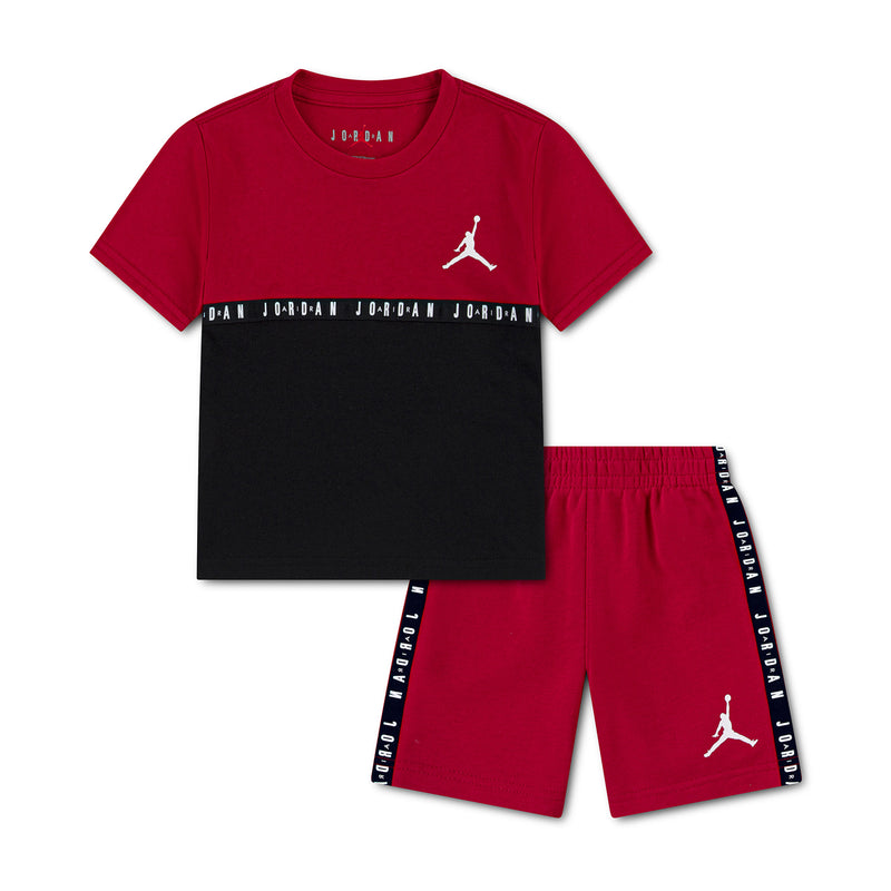 Toddler short set in Gym Red: colorblock T-shirt with black hem, Jordan logo, and shorts