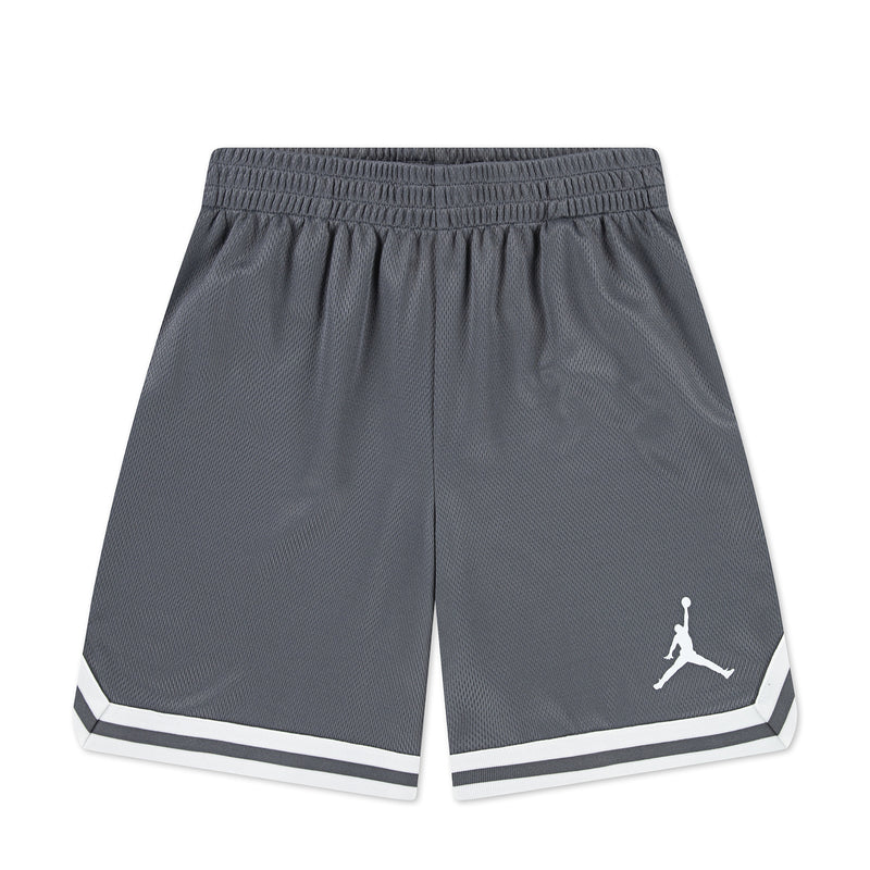 Youth smoke grey basketball shorts with white striped hem and Jumpman logo