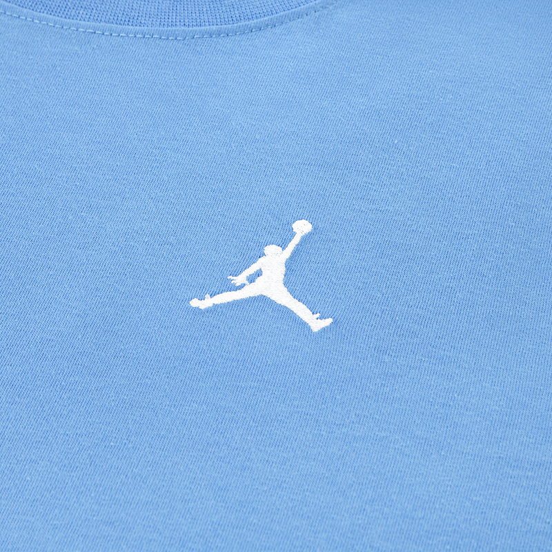 University Blue T-shirt with close-up white Jumpman logo embroidery