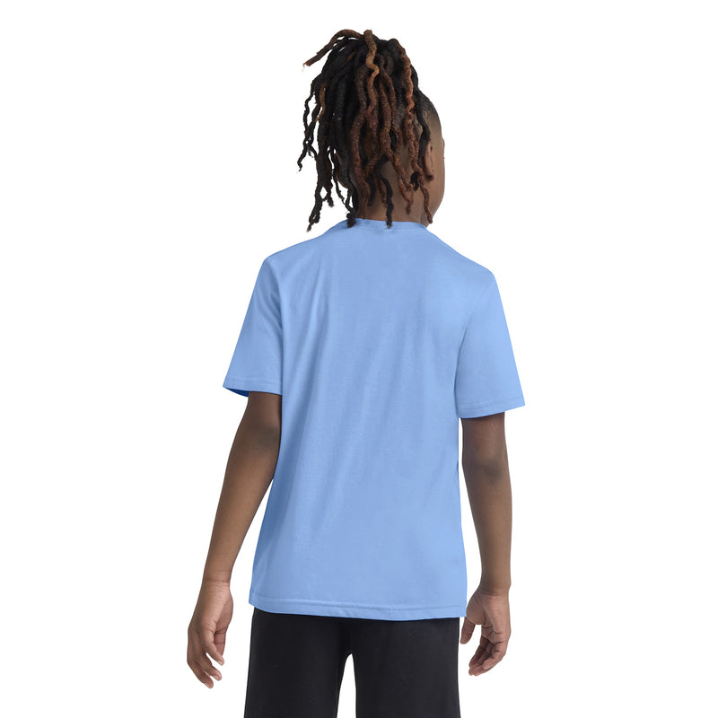 Youth crewneck T-shirt in University Blue, back view
