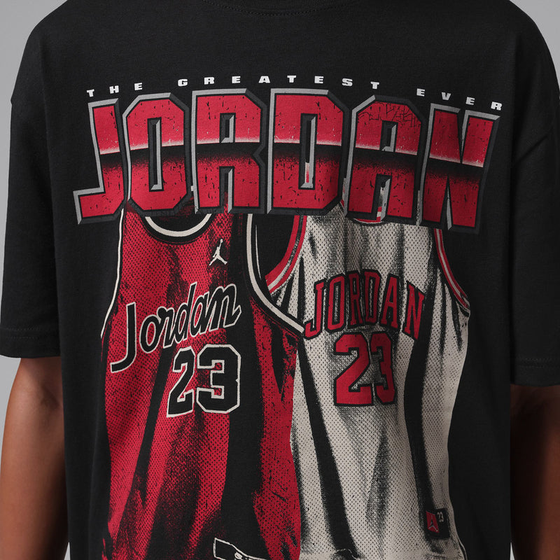 Black Jordan T-shirt close-up of red and gray jersey graphic with 23