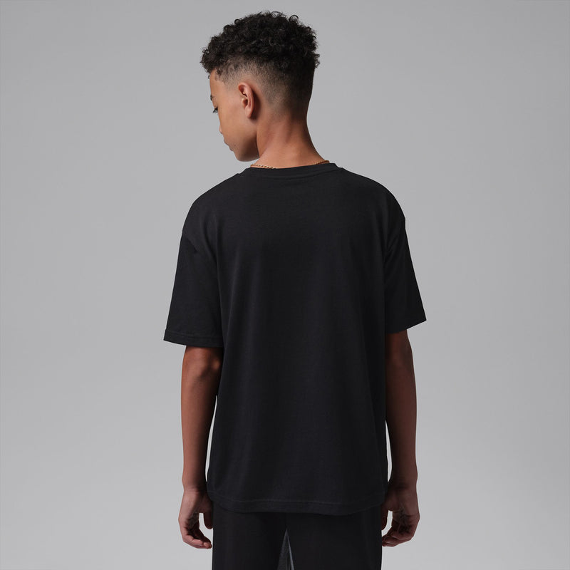 Youth black T-shirt back view, plain crew neck with no graphic
