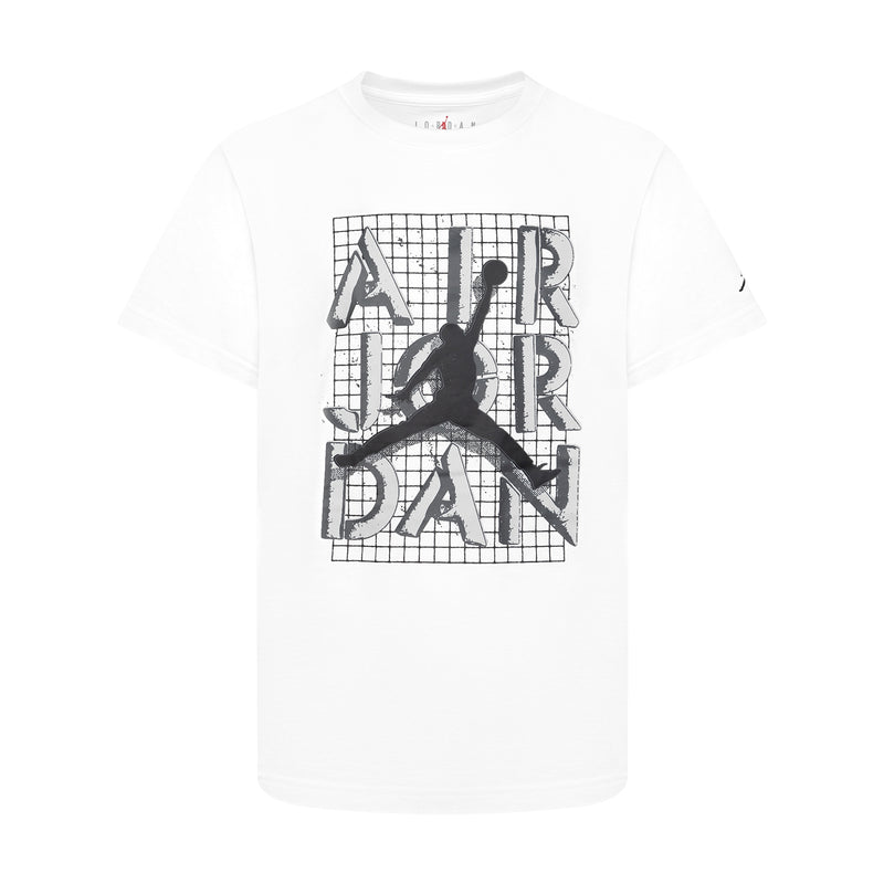 Youth white graphic T-shirt with stacked Jumpman Jordan logo front
