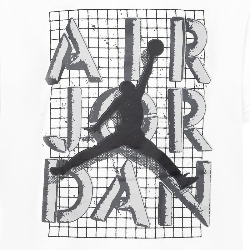 Youth white graphic T-shirt close-up of stacked Jumpman Jordan letters