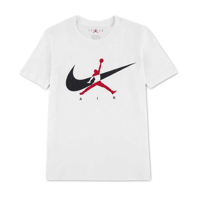 Youth white t-shirt with Nike swoosh, red Air Jordan graphic, and crew neck