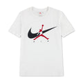 Youth white t-shirt with Nike swoosh, red Air Jordan graphic, and crew neck