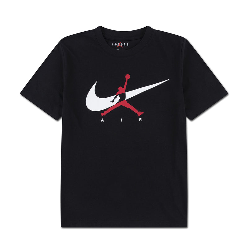 Black youth T-shirt with large white Nike swoosh and red Jumpman graphic