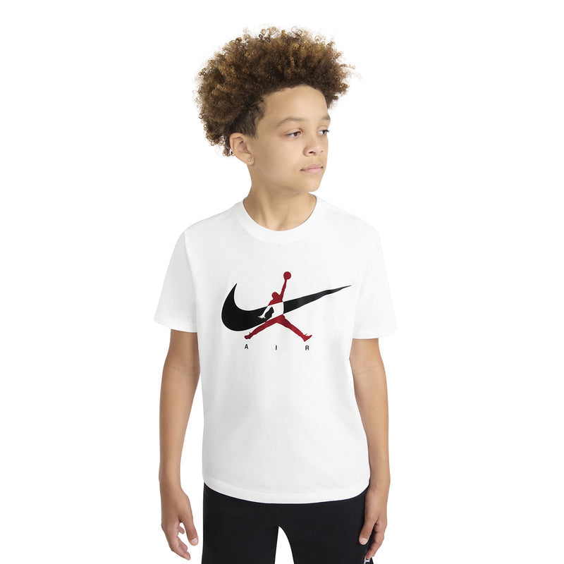 Youth white t-shirt with Nike swoosh and red Air Jordan graphic