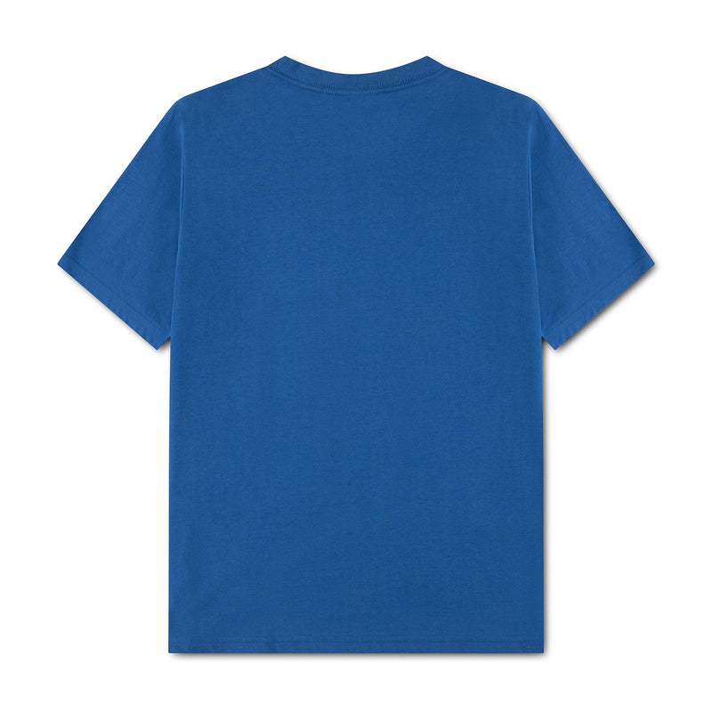 Youth blue T-shirt back view, plain with no visible graphic