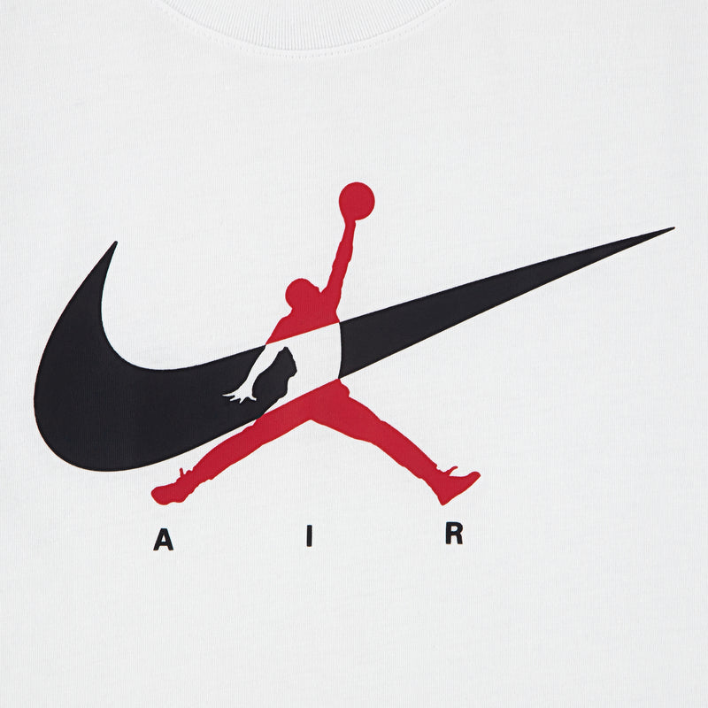 White t-shirt with black Nike swoosh and red Air Jordan silhouette graphic