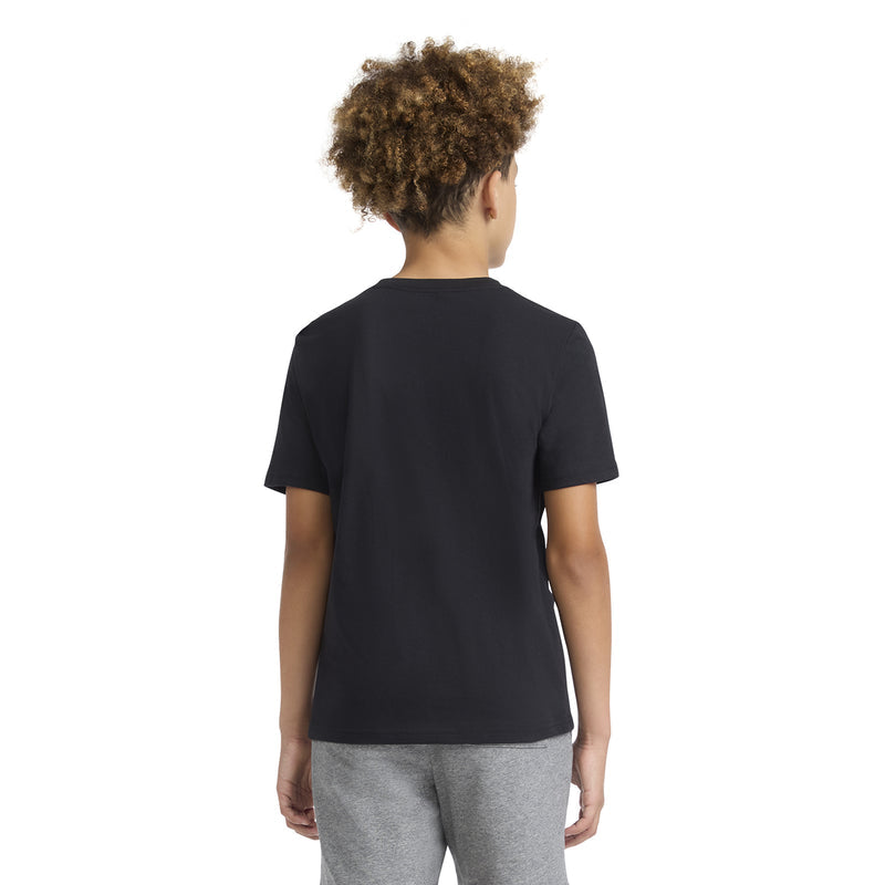Black youth T-shirt back view, plain design with no visible graphic