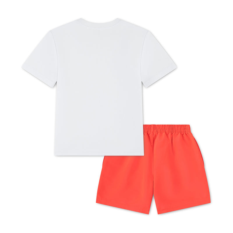 Kids white T-shirt and coral red play shorts set, logo-free front