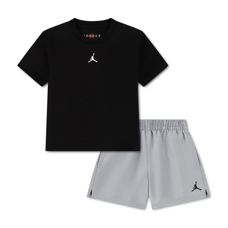 Toddler two-piece play set with black short-sleeve T-shirt and gray pull-on shorts