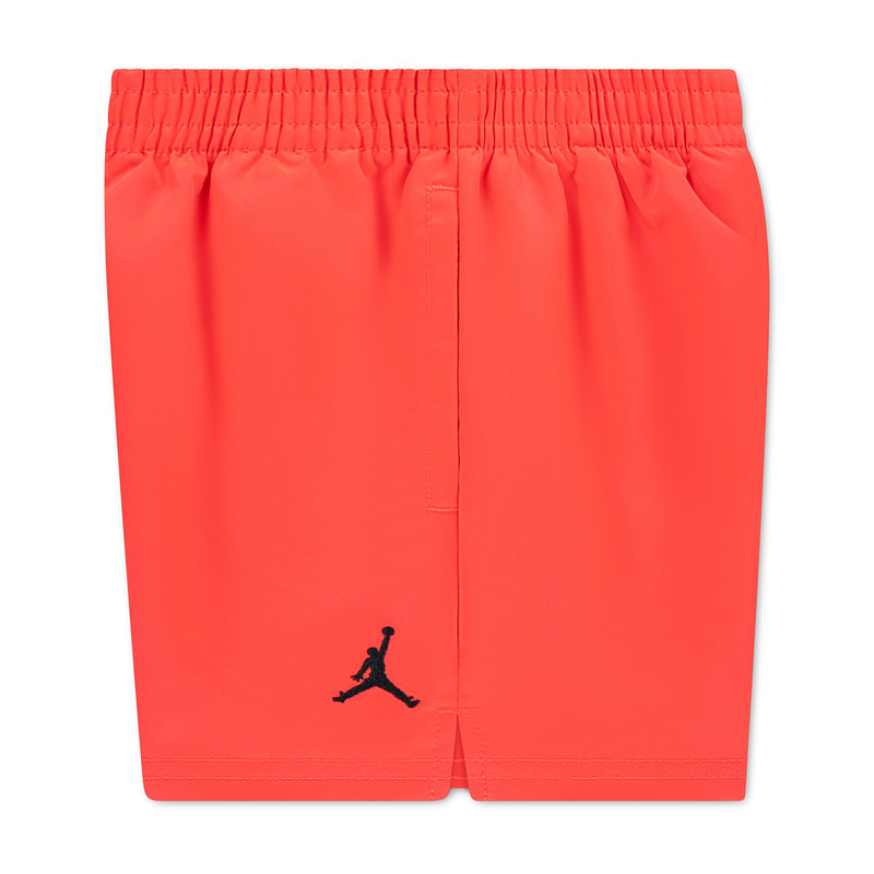 Red toddler shorts with elastic waist and small black Jumpman logo