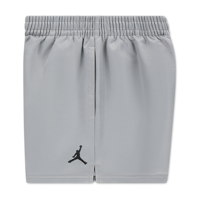 Light gray toddler pull-on shorts with black Jumpman logo on left hem
