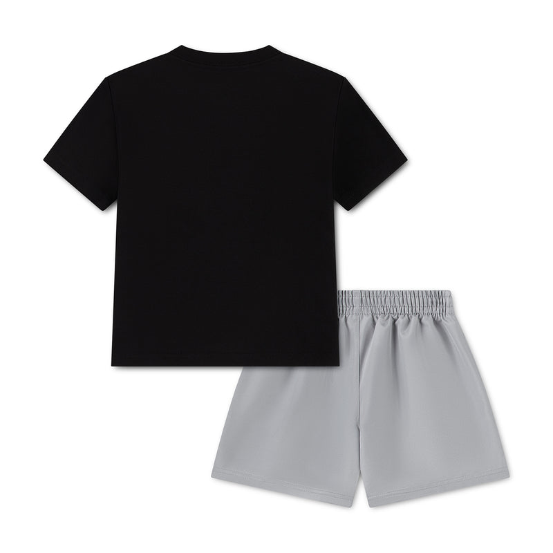 Toddler two-piece set with black T-shirt and light gray pull-on shorts, flat lay