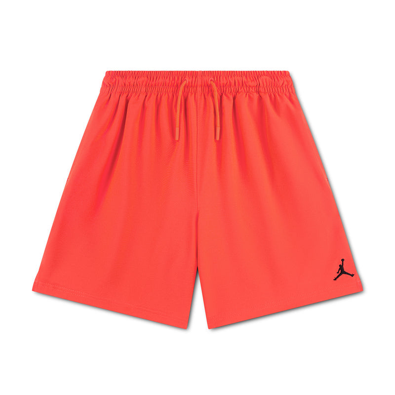 Youth woven play shorts in Infrared red with elastic waistband and drawstring, Jumpman logo