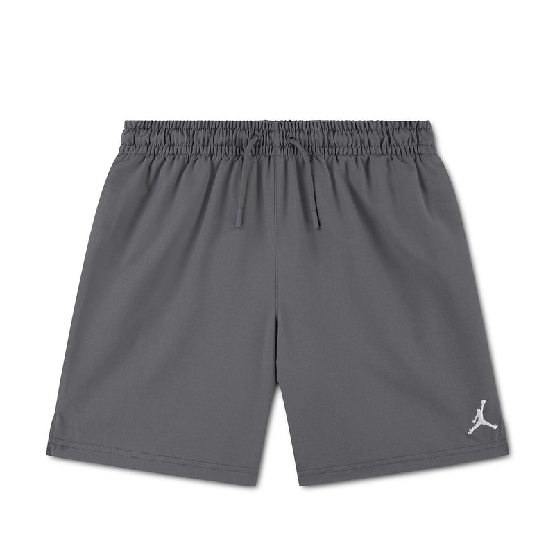 Youth woven play shorts in dark gray with elastic waistband and drawstring; Jumpman logo