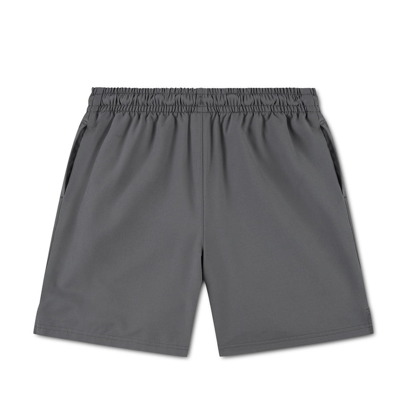 Youth woven play shorts, dark gray, elastic waistband with drawstring