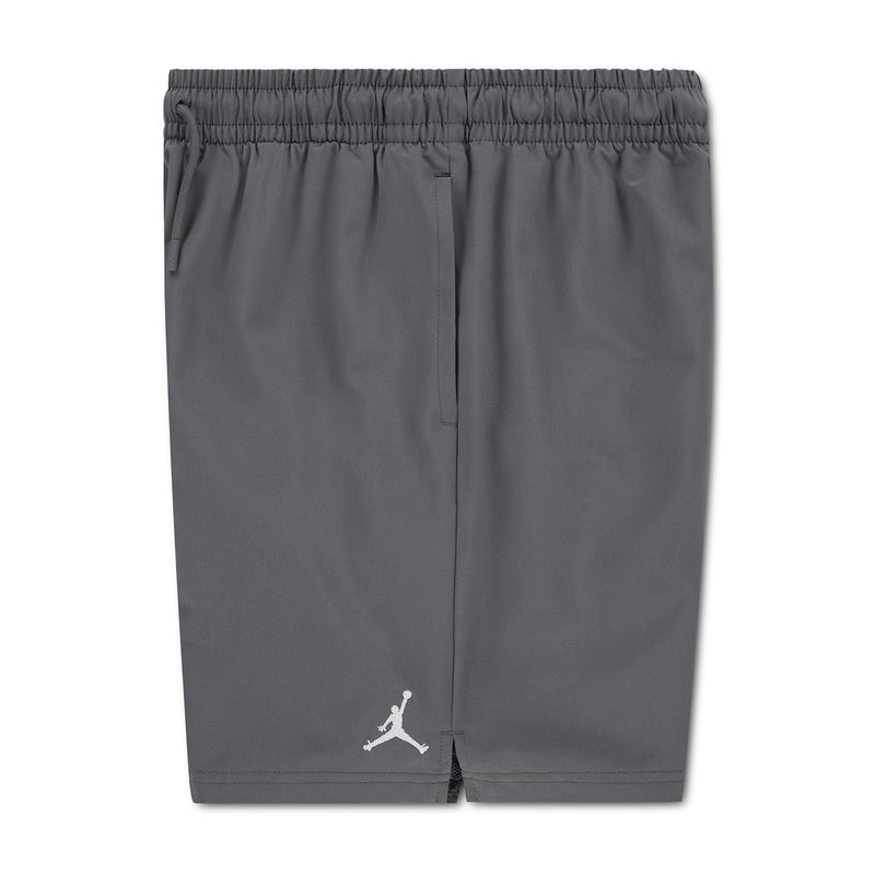 Youth woven play shorts, dark gray, elastic waistband; Jumpman logo on leg