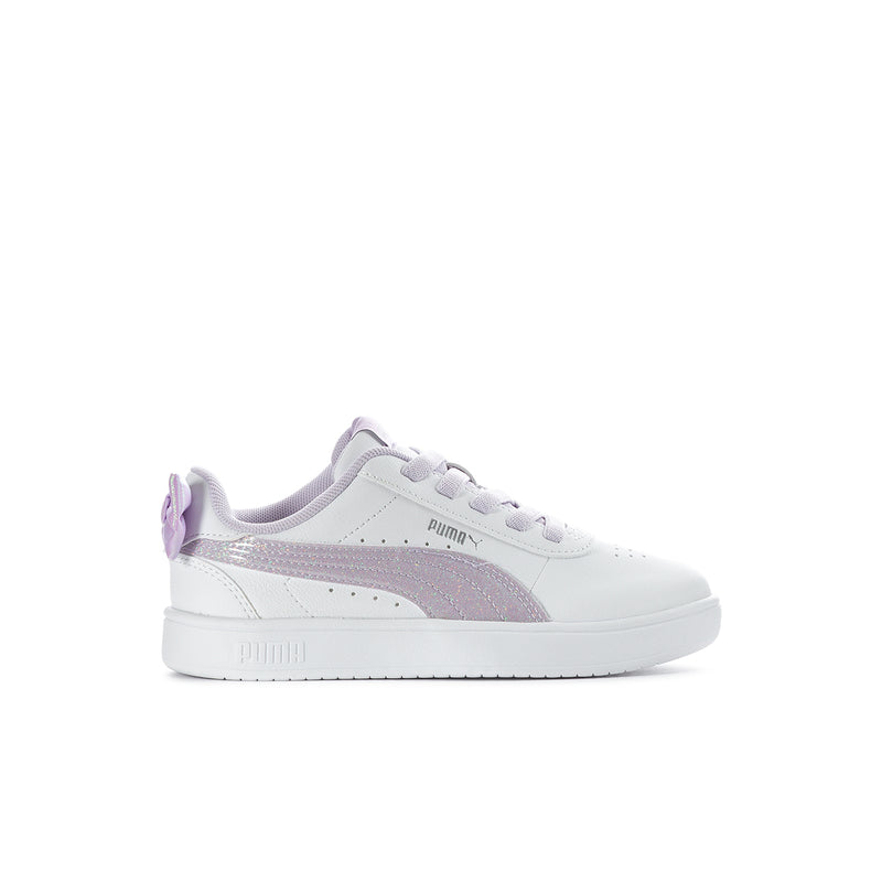 Kids white sneakers with lavender side stripe and logo