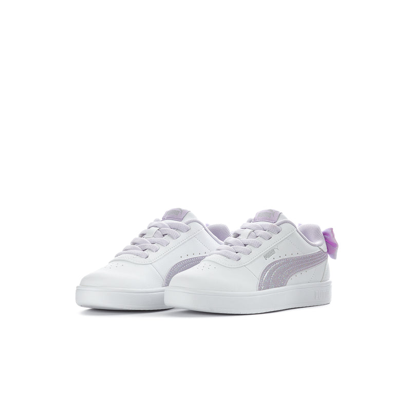 Kids white sneakers with lavender trim, lace-up front