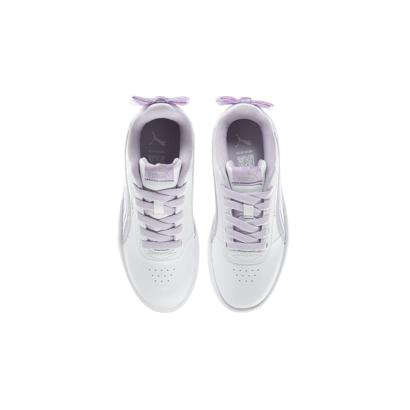Kids white sneakers with purple-lined collar and lace loops