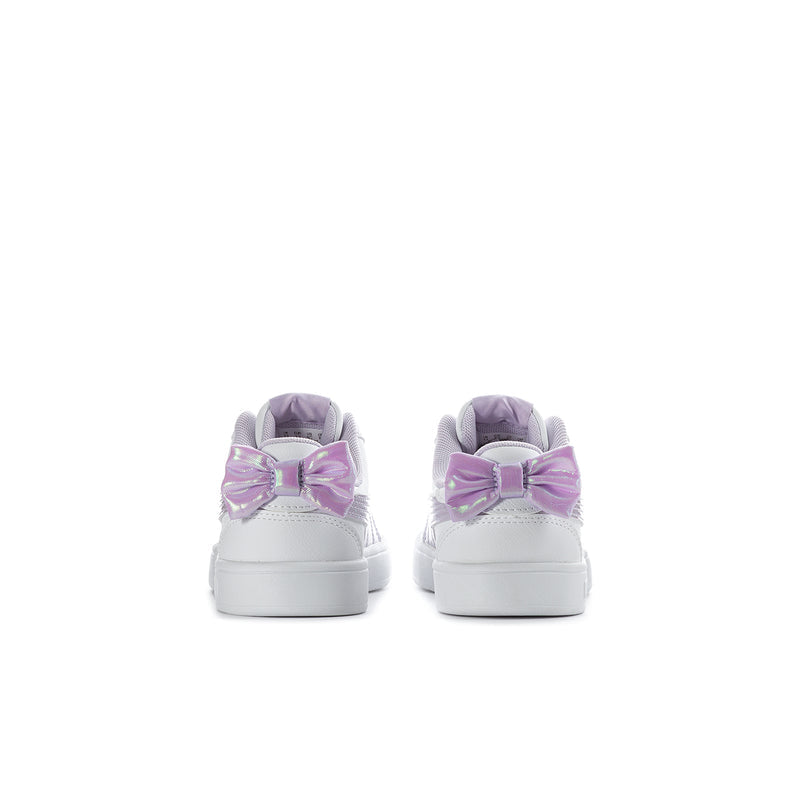 Kids white sneakers with lavender bows at the ankle