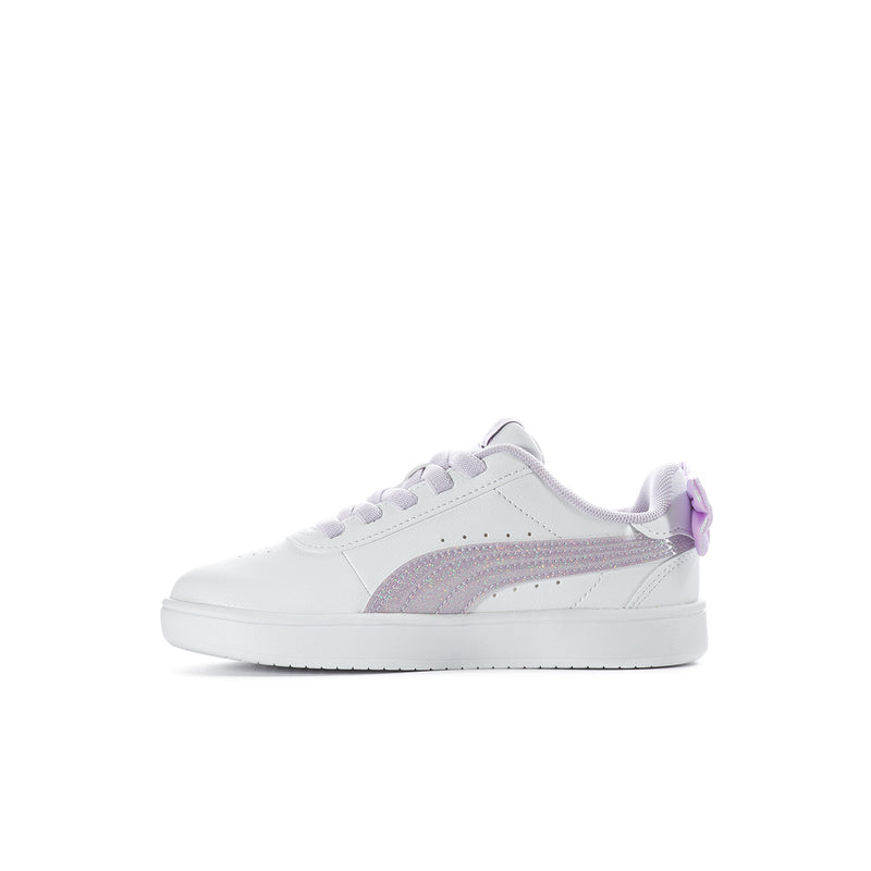 Kids white sneakers with lavender side panel and cushioned collar