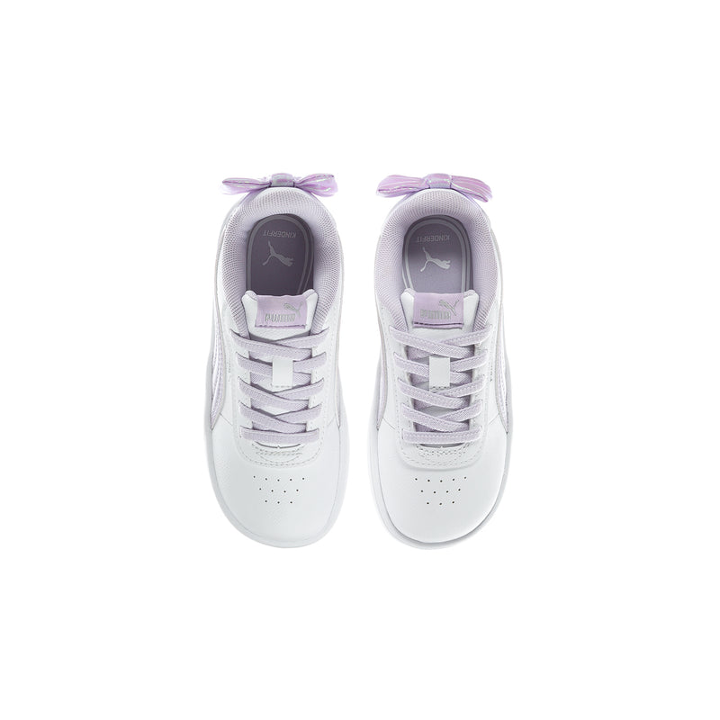 Toddler sneakers with white uppers, lavender laces, and ribbon bow accents
