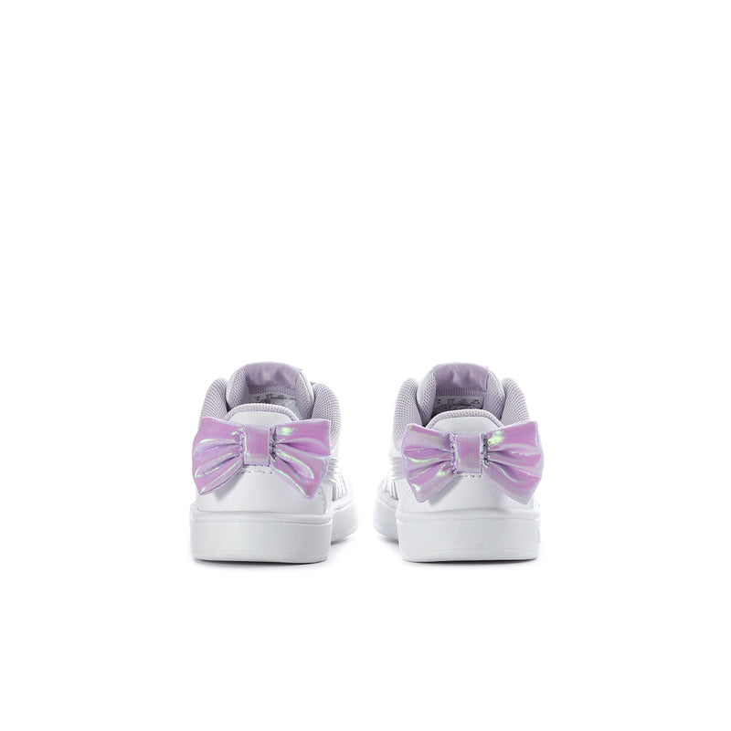 Toddler sneakers with white back, lavender ribbon bow, and cushioned collar