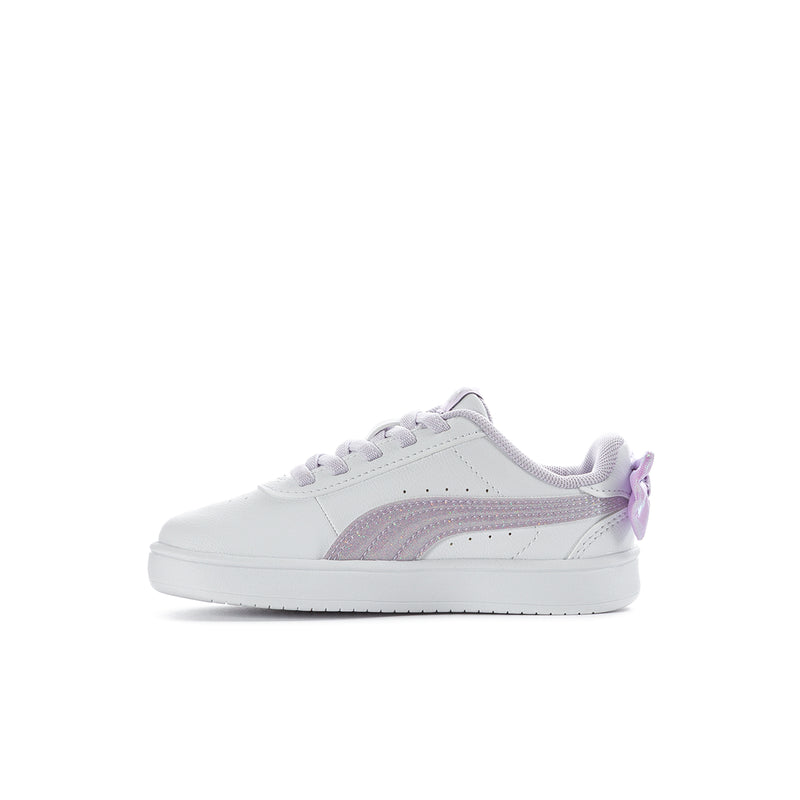 Toddler white sneakers with lavender side stripe and lace-up closure