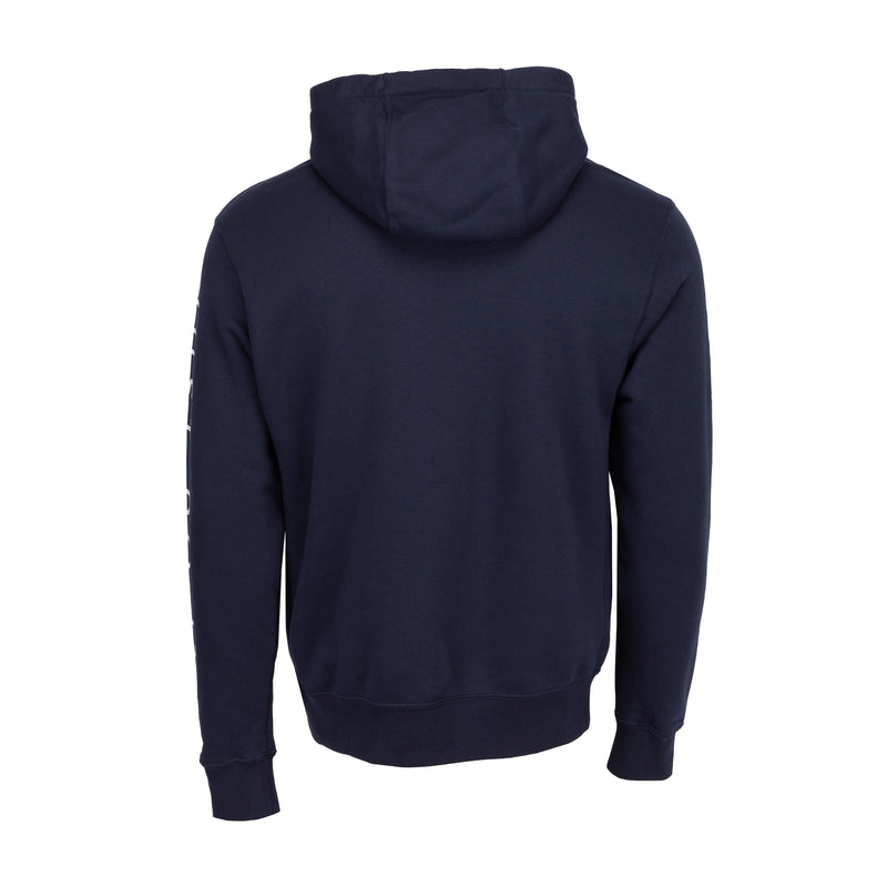Men's dark navy pullover hoodie with hood and kangaroo pocket