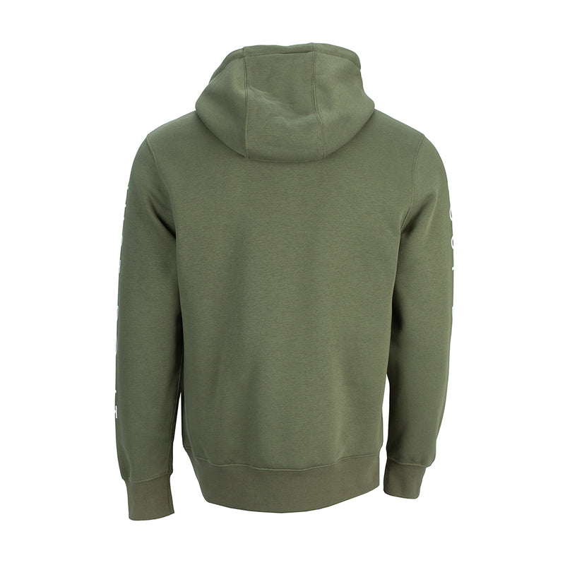 Men's medium olive pullover hoodie with hood and Nike sleeve branding