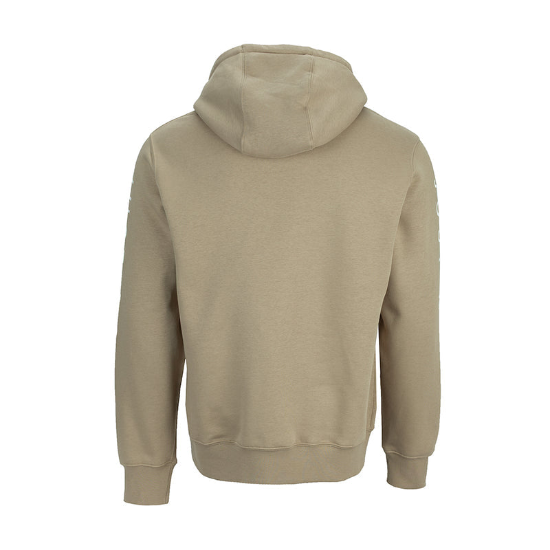 Men's khaki hoodie with hood and kangaroo pocket, back view