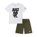 Kids short set: white T-shirt with “Just Do It” graphic and olive shorts, Nike swoosh