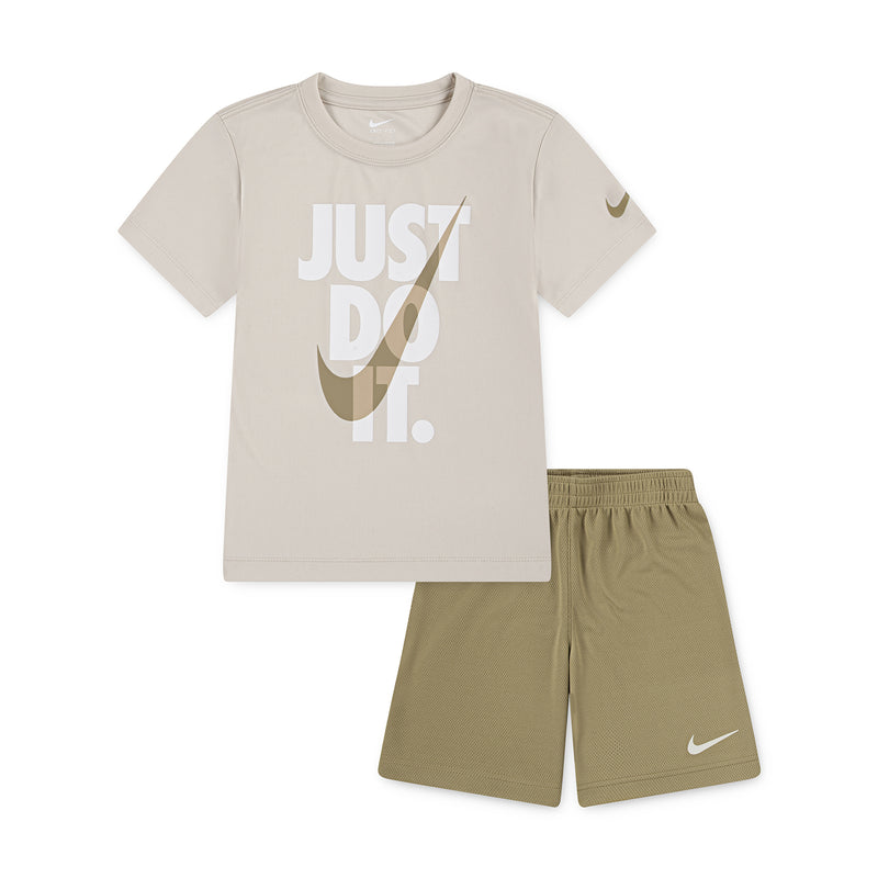 Kids beige T-shirt & olive shorts set with Nike swoosh and Just Do It print