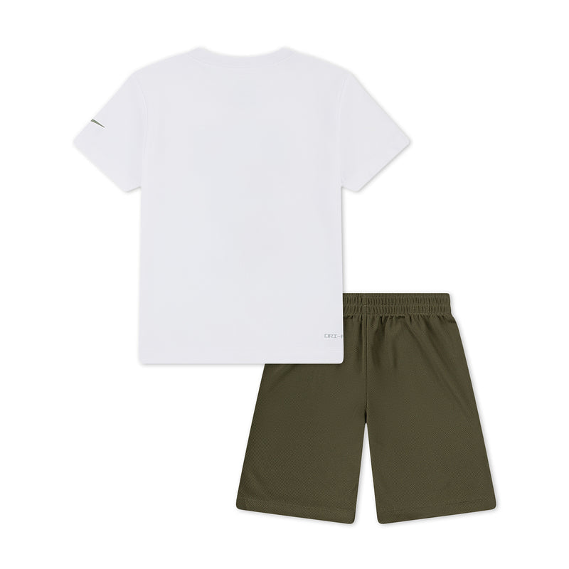 Kids short set: white back T-shirt and olive shorts with Nike swoosh