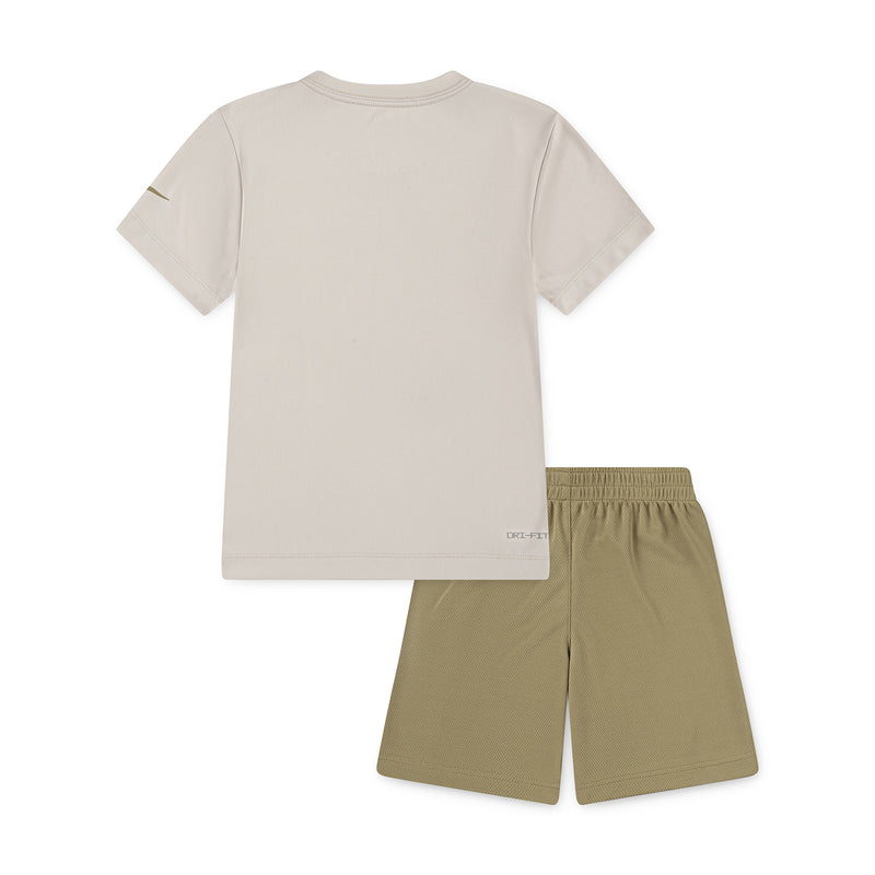 Kids beige T-shirt and olive shorts set, back view; Nike swoosh on shorts