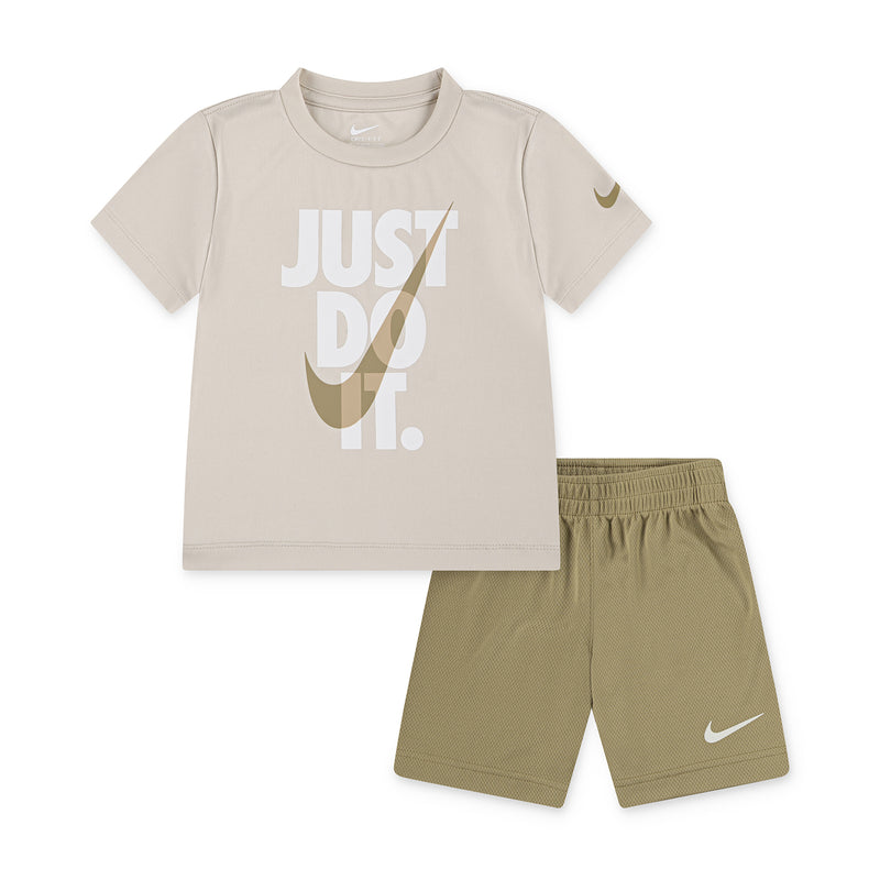 beige toddler T-shirt with 'Just Do It' print and olive Nike-logo shorts set