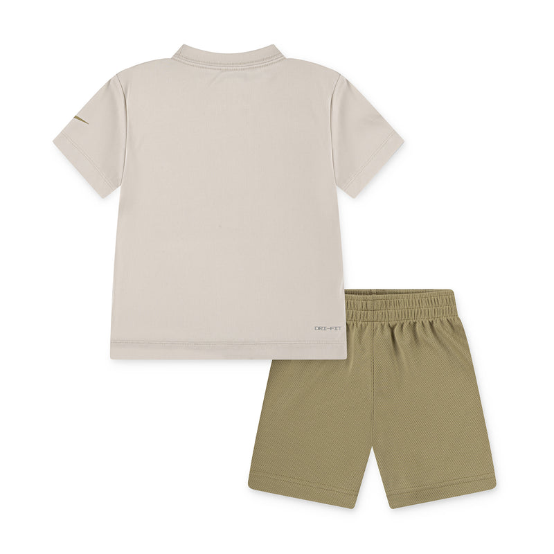 Toddler short set: plain beige T-shirt and olive Nike-logo shorts