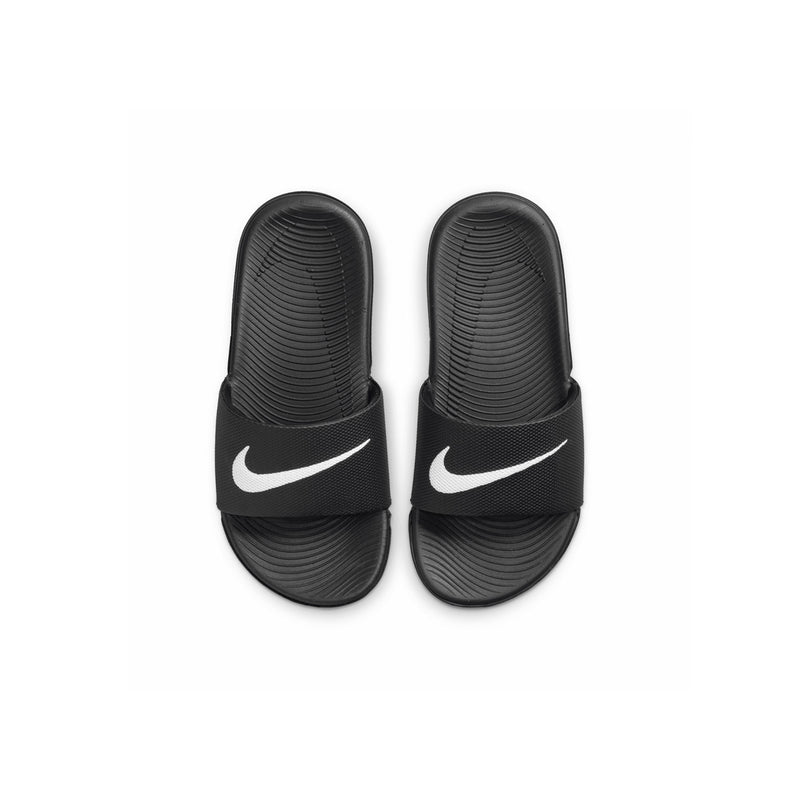 Kids black slide sandals with white Nike swoosh on two-piece strap