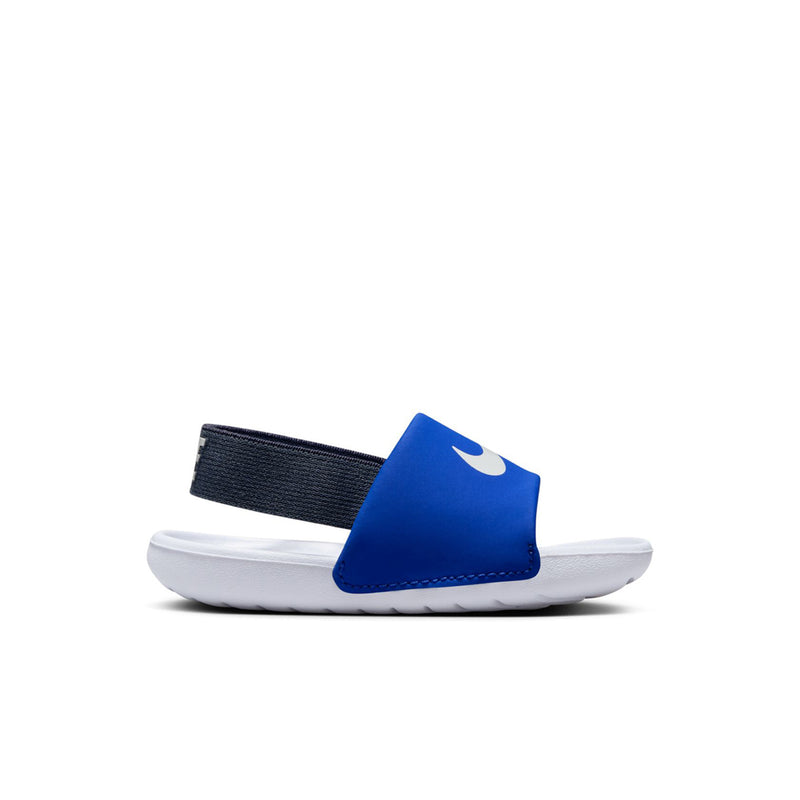 Toddler blue slide sandals with white sole and Nike swoosh, hook strap