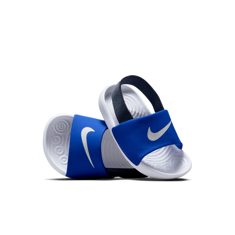 Toddler blue slide sandals with white footbed and sole, dark strap and Nike swoosh