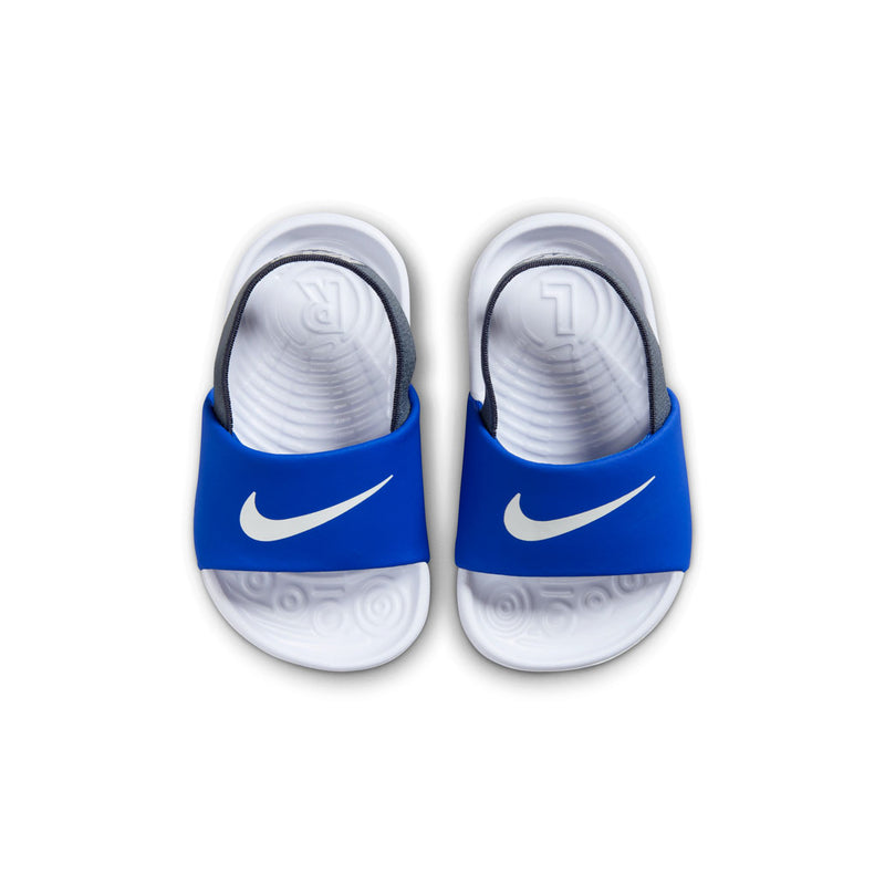 Pair of toddler blue slide sandals with white straps and Nike swoosh