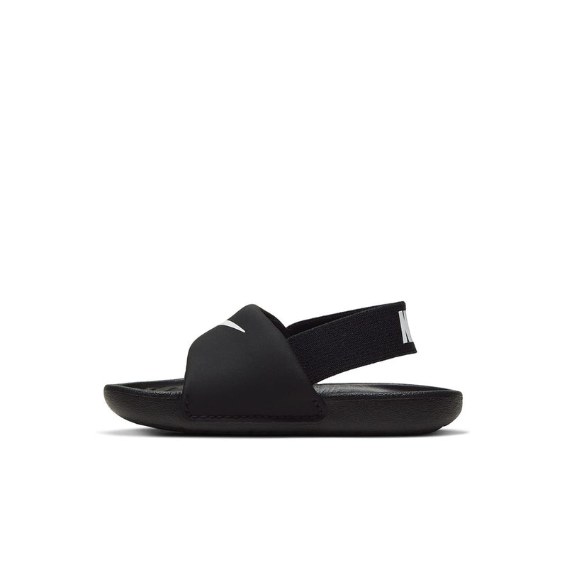 Toddler black slide sandals with adjustable fabric strap and white Swoosh
