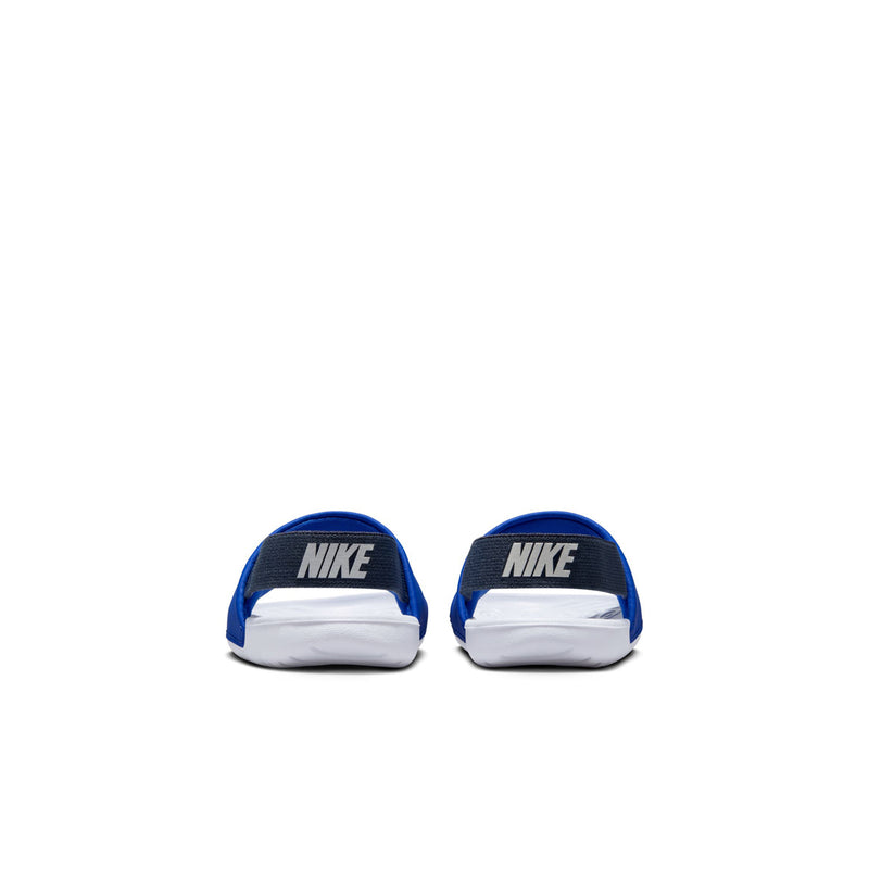 Toddler blue slide sandals with black heel tabs showing NIKE branding